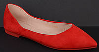 Розміри 37, 38, 39, 40 Жіночі червоні балетки з еко-замші з гострим носком, низький хід