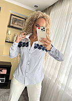 Полосатая офисная женская блузка с кружевом длинный рукав "Mari" 44,46,48,50,52,54