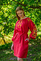 Красное женское платье вышиванка "Петриковская роспись" короткое лен длинный рукав под заказ