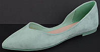 Розмір 35 - стопа 23 сантиметра Жіночі зелені балетки з еко-замші з гострим носком, низький хід