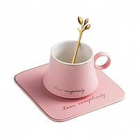 Чашка с блюдцем и ложкой Подарочный набор Love completely (розовый)