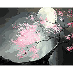 Картина за номерами Strateg ПРЕМІУМ Сакура в місяці з лаком та з рівнем розміром 40х50 см (GS1484) PL-00040184