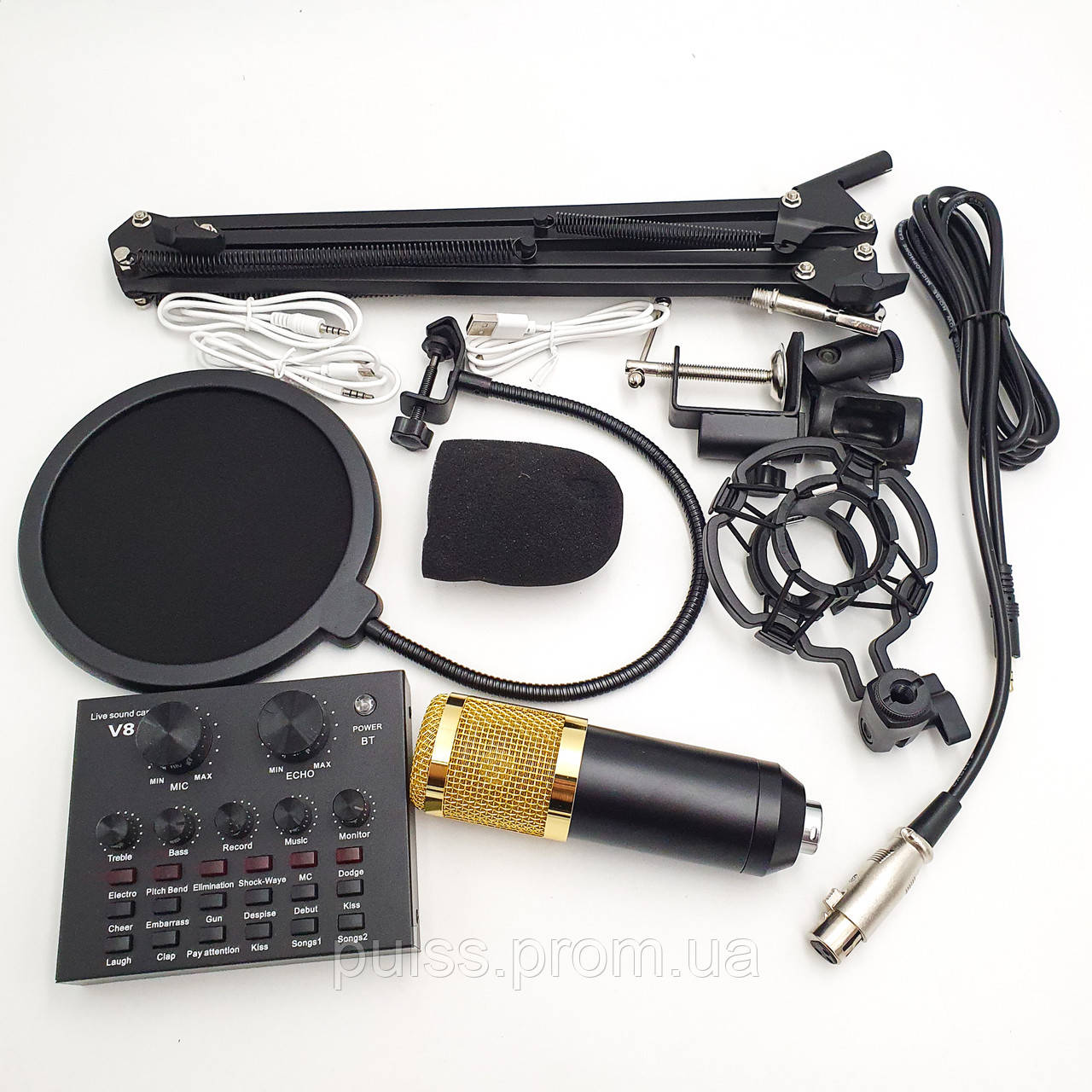 Студийный микрофон со стойкой и ветрозащитой и Звуковая внешняя карта V8 для записи вокала Music D.J. M 800 - фото 2 - id-p1361650715