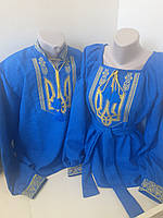 Льняная Рубашка Вышиванка Мужская Для Пары синяя Герб р. 42 - 60 M