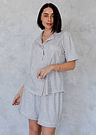 Пижама женская рубашка на пуговицах и шорты серая в полоску