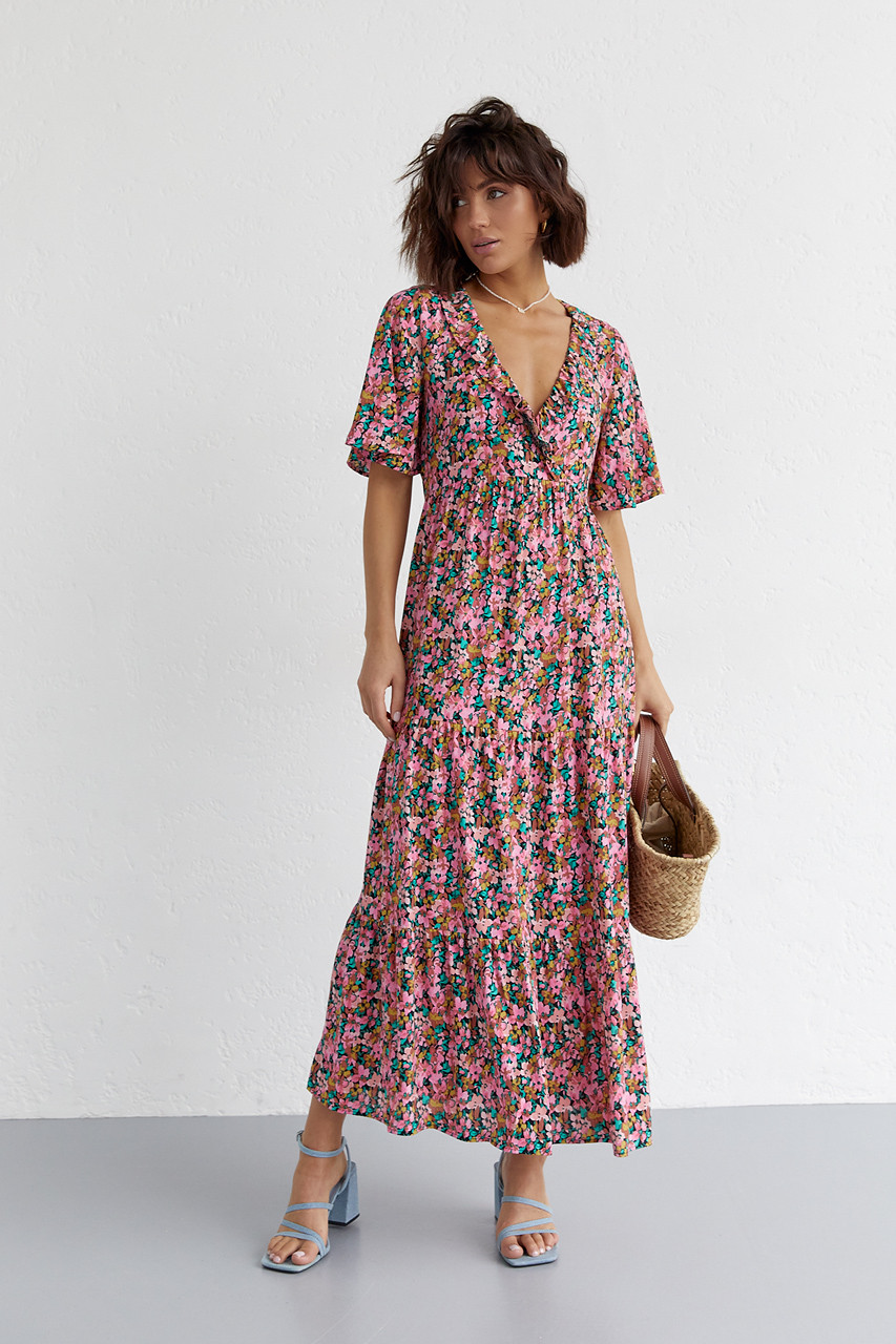 Довга сукня з оборкою та квітковим принтом, фото 1