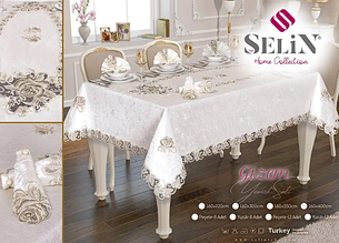 Скатертина 160 220 сервірувальні велюр 8 серветок на стіл, скатертина на кухонний стіл однотонна Кремовий