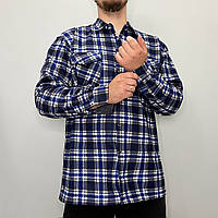 Рубашка мужская зимняя на меху Рубаха теплая на пуговицах Ao longcom Синий+белый 2XL