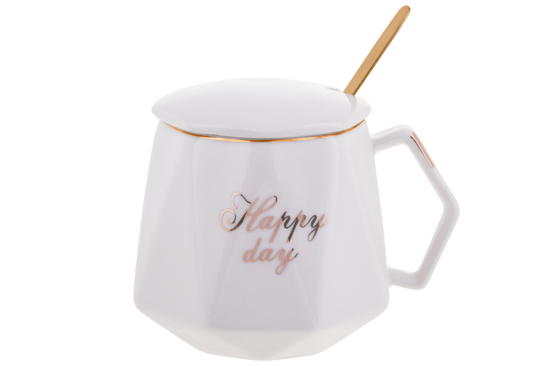 Кухоль порцеляновий з кришкою і золотою ложкою Happy day, 420мл, колір - білий із золотим написом