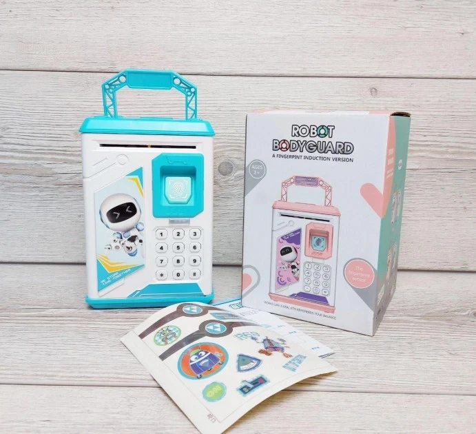 Робот скарбничка - Сейф Robot Bodyguard з відбитком пальця Блакитний, фото 1
