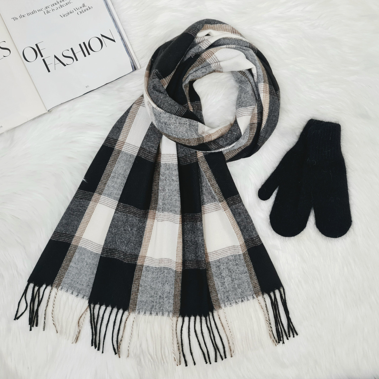 Комплект жіночий зимовий (шарф+рукавиці) M&JJ One size чорний + сірий 8064 - 4135, фото 1