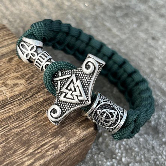 Браслет чоловічий із паракорду та сталі THOR TRINITY GREEN зелений із молотом Тора