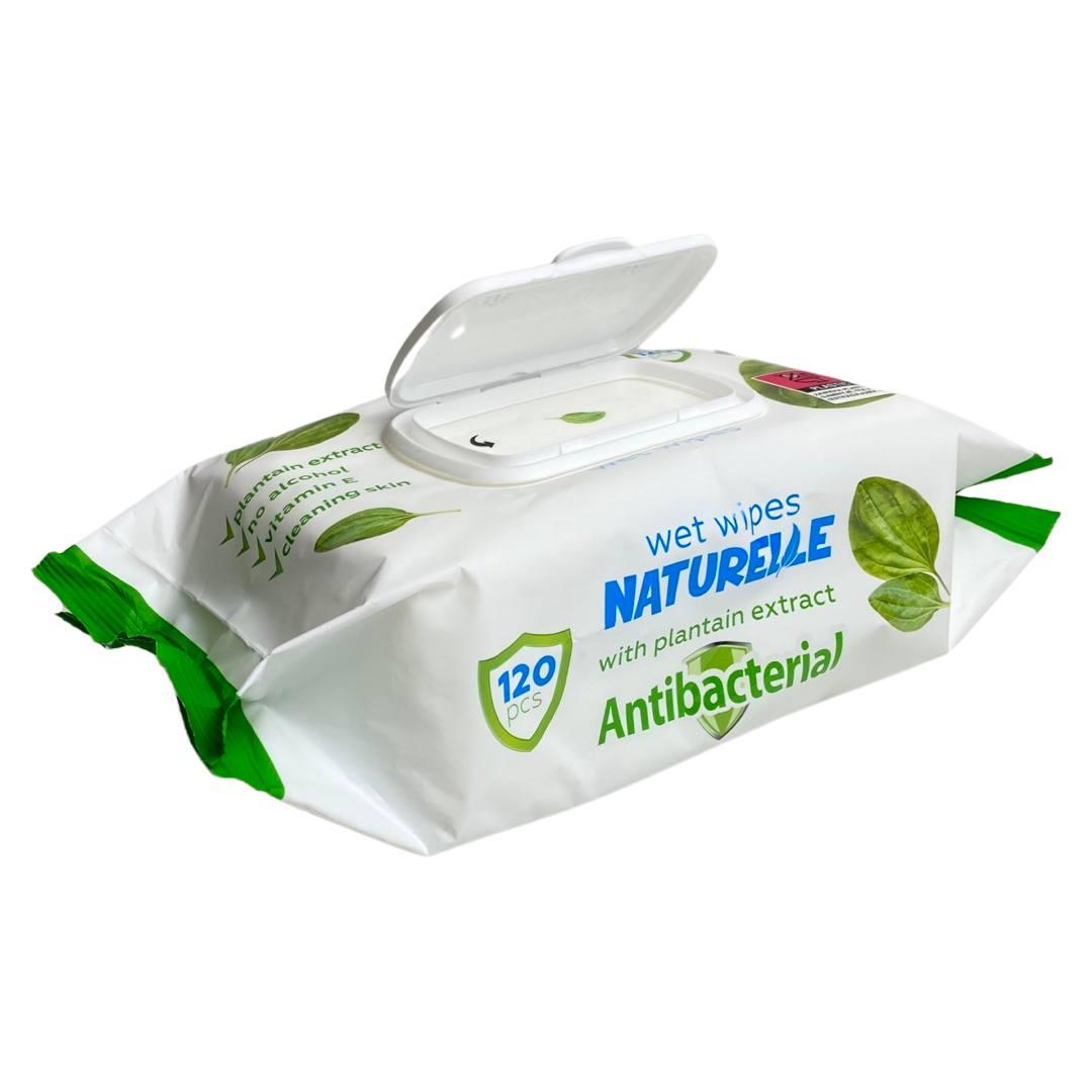 Вологі серветки в упаковці з клапаном NATURELLE antibacterial, подорожник, 120 шт
