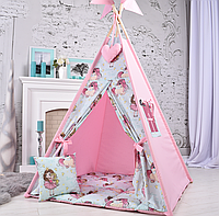 Палатка Вигвам для девочки, с Принцессами, Полный комплект, Подвеска сердце и Флажки на палки - в подарок NEW