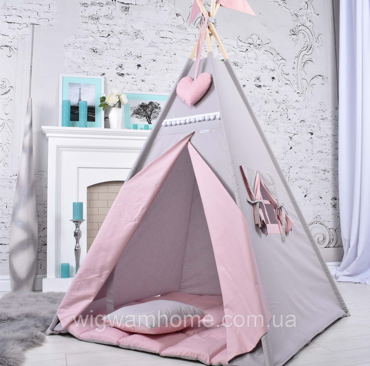 Палатка Вігвам для дівчинки Пудрово-сірий, Повний комплект, Підвіска сердечко та Прапорці на палиці - у подарунок NEW