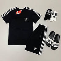 Спортивный костюм Adidas мужской набор 5в1 черный шорты, футболка, шлепанцы, носки 2 пары, лампасы прошиты.