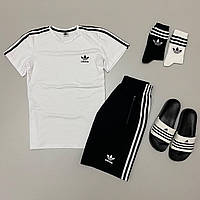 Спортивный костюм Adidas мужской бело-черный набор 5в1 шорты, футболка, шлепанцы, носки 2 пары. KH-2180