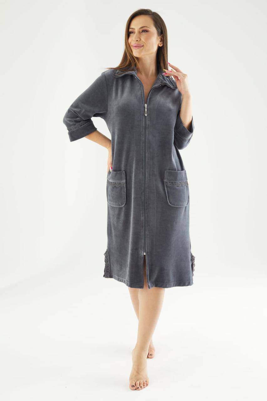 Жіночий халат Nusa 0321 велюровий на блискавки, антрацит 4XL