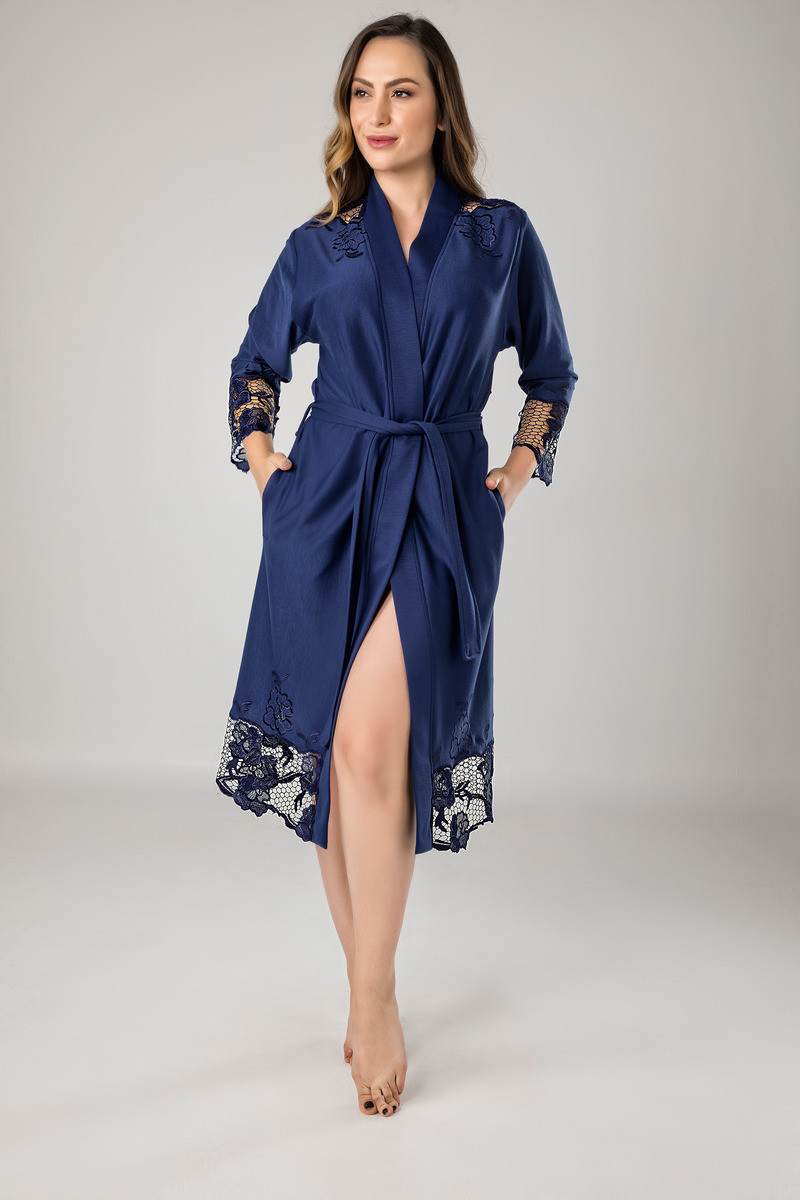Жіночий халат Nusa 8670, трикотажний з мереживом, синій M