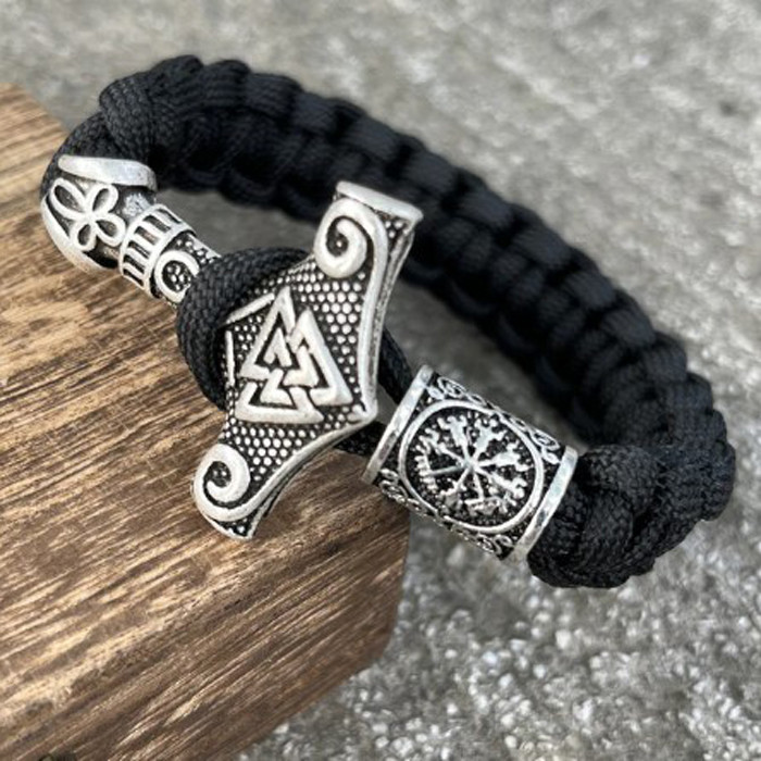 Браслет чоловічий із паракорду та сталі THOR VEGVISIR BLACK чорний із молотом Тора 15-16,5 см