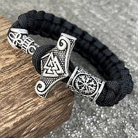 Браслет мужской из паракорда и стали THOR VEGVISIR BLACK черный с молотом Тора 15-16,5 см