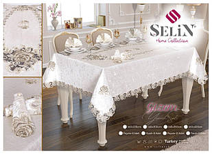 Велюрова скатертина Selin Gizem Set 160×220+8 серветок Кремова