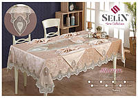 Велюровая скатерть с ранером Selin Hurrem Set 160×350+12 салфеток Кремовая