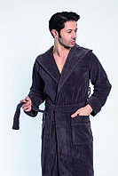 Мужской однотонный велюровый халат Nusa 2805 с капюшоном, коричневый M