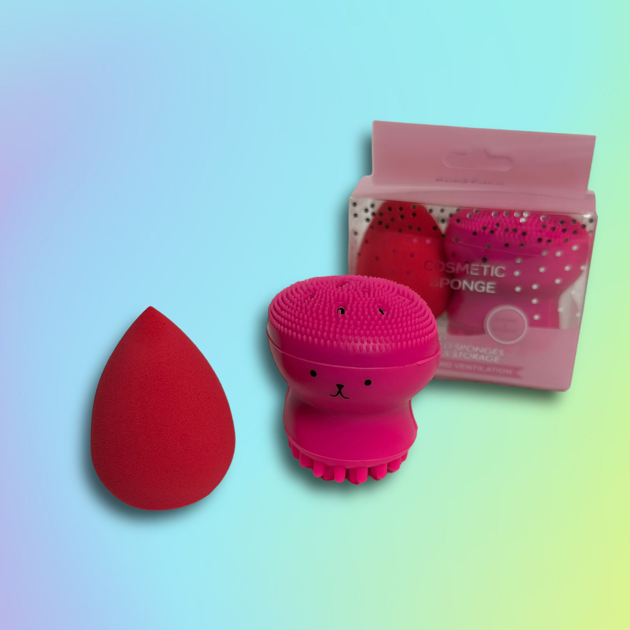 Набір: спонж для макіяжу з ефектом збільшення в розмірі і щітка для очищення обличчя Powder Puff, фото 1