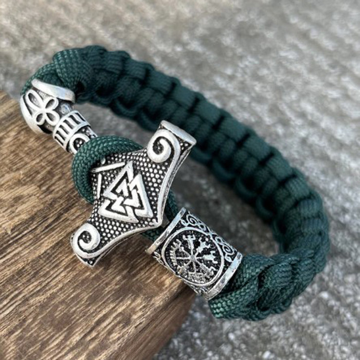 Браслет чоловічий із паракорду та сталі THOR VEGVISIR GREEN зелений із молотом Тора 17-18,5 см