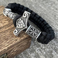 Браслет мужской из паракорда и стали THOR VEGVISIR 2 BLACK черный с молотом Тора 15-16,5 см