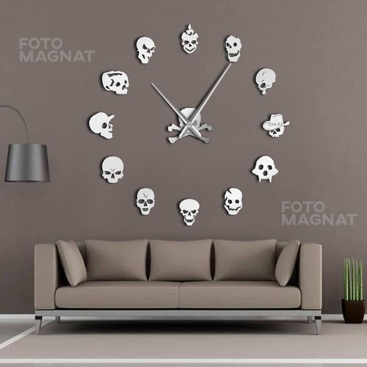 Настінний годинник 3D Великий "Skull" — 3Д-годинник наліпка з дзеркальним ефектом, годинник стікер