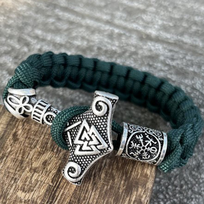 Браслет чоловічий із паракорду та сталі THOR VEGVISIR 2 GREEN зелений із молотом Тора