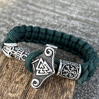 Браслет мужской из паракорда и стали THOR VEGVISIR 2 GREEN зеленый с молотом Тора 17-18,5 см