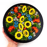 Тарілка декоративна Петриківський розпис із дерева ручної роботи кругла 30см СОНЯШНИКИ Український сувенір, фото 3