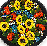 Тарілка декоративна Петриківський розпис із дерева ручної роботи кругла 30см СОНЯШНИКИ Український сувенір, фото 4