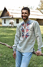 Чоловіча вишиванка Орест льон сірий довгий рукав, фото 4