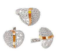 Серебряный набор женских украшений с вставками из золота - серебряные серьги и кольцо