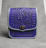 Жіноча шкіряна сумка ручної роботи з тисненим орнаментом «Дубок», ультрамариново-сіра сумка з натуральної шкіри, 20*21*8 см, фото 2
