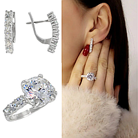 Серебряные серьги и кольцо с сияющими камнями - серебряный комплект женских украшений
