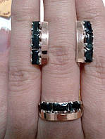 Серебряный набор с золотыми накладками и черными фианитами - серьги и кольцо с черными камнями Доминика