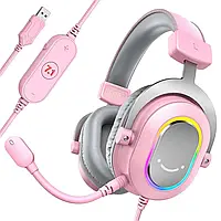 Fifine H6 USB наушники со съемным микрофоном, RGB подсветкой - Розовый