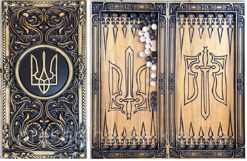 Нарди подарункові, ручної роботи дерев'яні "Тризуб" 48 см, фото 1