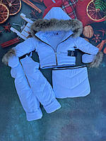 Зимний детский комбинезон тройка с натуральным мехом енота на мальчика белый