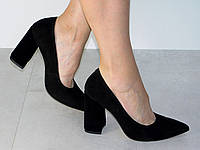 Черные туфли на устойчивом каблуке женские замш натуральный