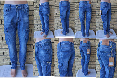 Джинси унісекс котонові стрейчеві з накладними кишенями "карго" FANGSIDA, великі розміри Туреччина, фото 1