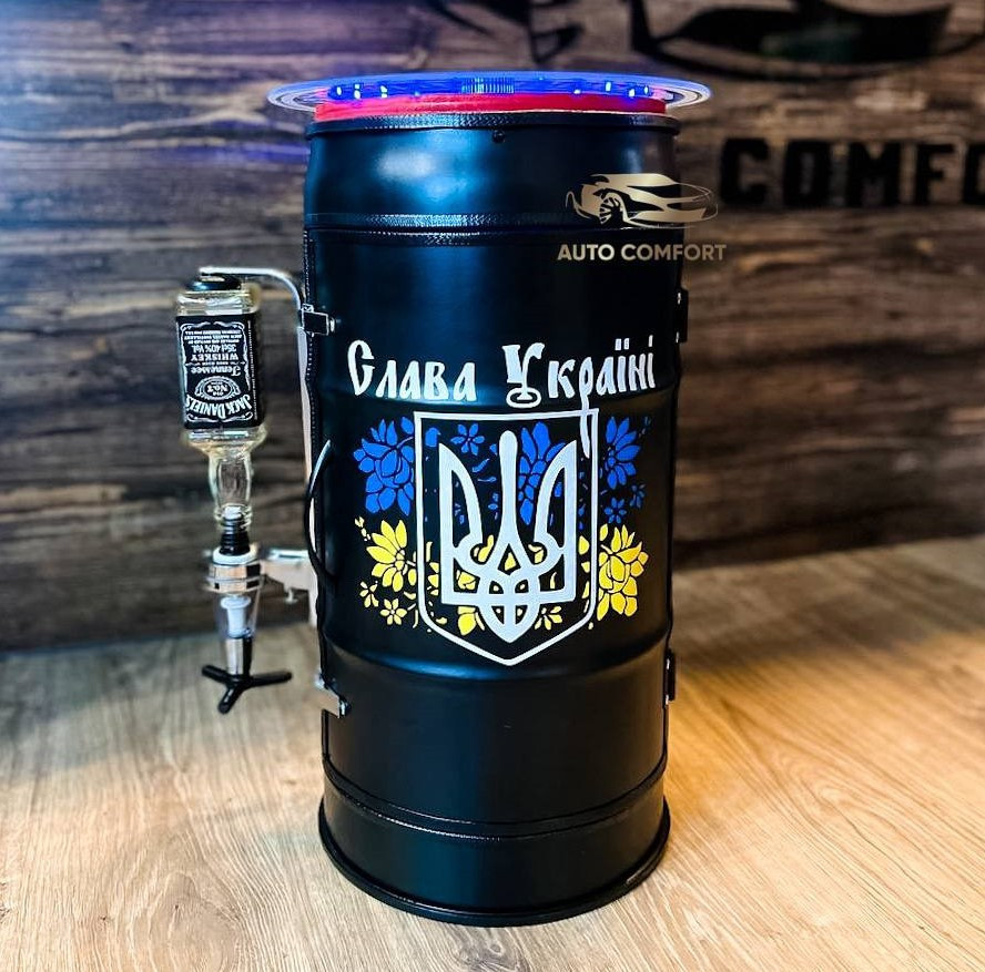 Бочка бар в чорному глянцевому кольорі з підсвіткою, наливатором, оригінальний подарунок боссу., фото 1