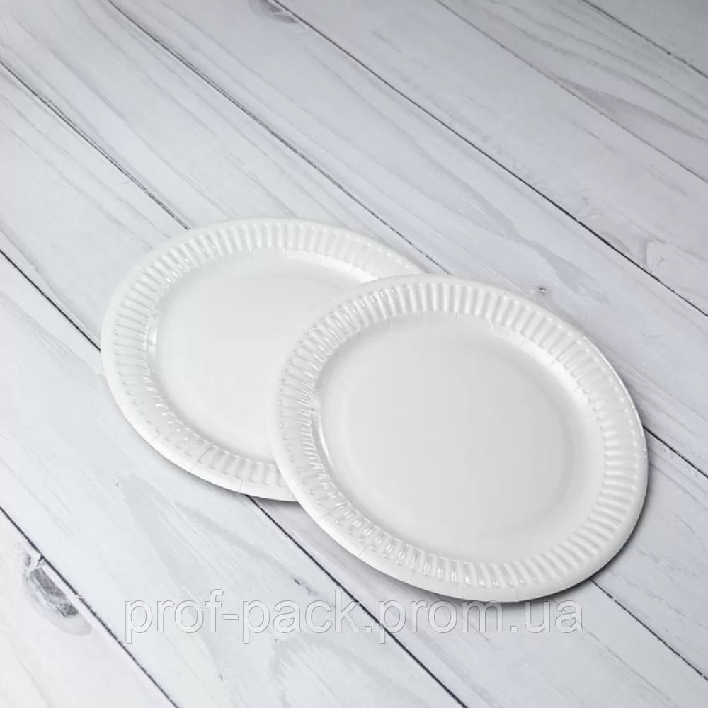 Тарелка бумажная круглая ламинированная белая 180 мм 100 шт/уп (12 уп/ящ) - фото 1 - id-p1329298883