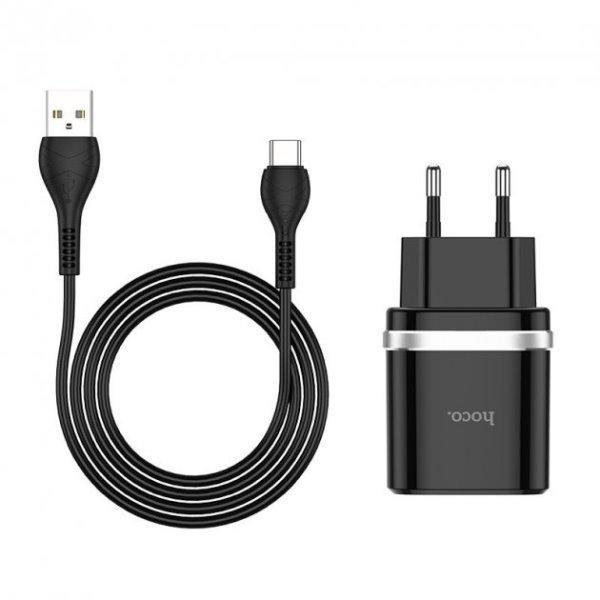 Мережевий зарядний пристрій Hoco C12Q Smart QC3.0 charger set (+ кабель Type-C) (EU) Black