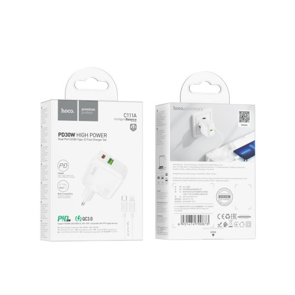 Мережевий зарядний пристрій на Hoco C111A Lucky PD30W+QC3.0 Type-C to Lightning White, фото 1